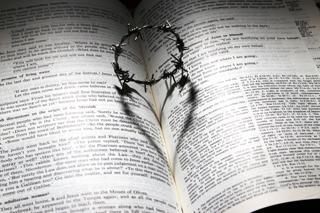 Otwarta biblia z cierniem rzucającym cień w kształcie serca